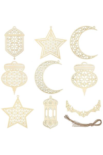 Dotail Set of 9 pendant ornaments, Wood, Various sizes, beige