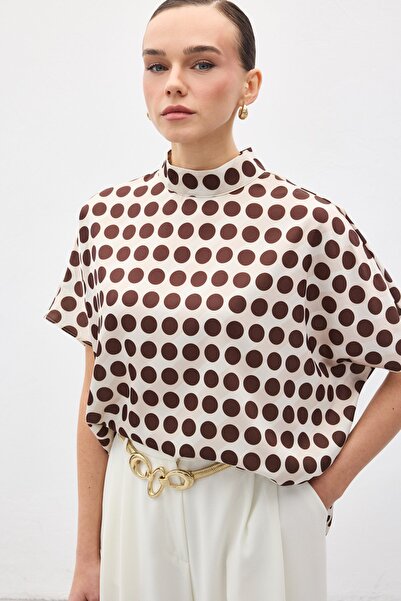 Sateen Bat Sleeve Casual Blouse - Polka Dot Brown