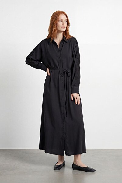 Puane Women's Shirt Collar Lace Detailed Long Dress – 12682Elb - Black