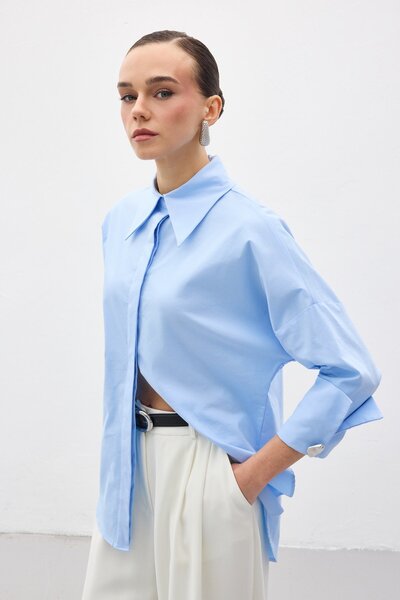 Sateen Button Detailed Shirt - Blue