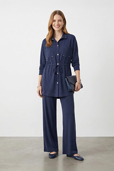 Puane طقم بنطلون تونيك نسائي ياقة مرتفعة متوسطة الطول بتفاصيل مفصلة عند الخصر...