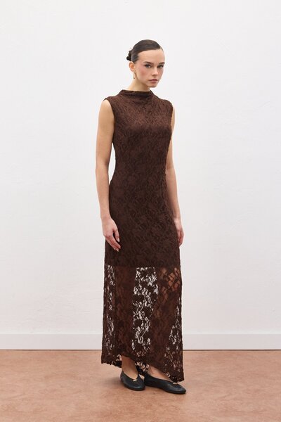 Sateen Lace Sleeveless Dress - Coffee