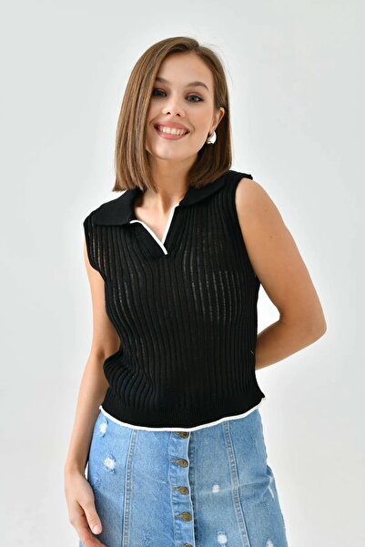 Park Karon Women's Polo Collar Half Placket Knit Deta Triko Sweater 10704