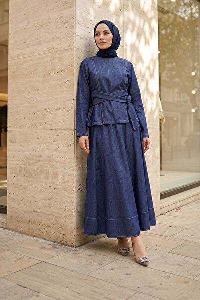 MODAQU Set fustă cu șireturi încrucișate în talie și fustă din Tencel, bleumarin