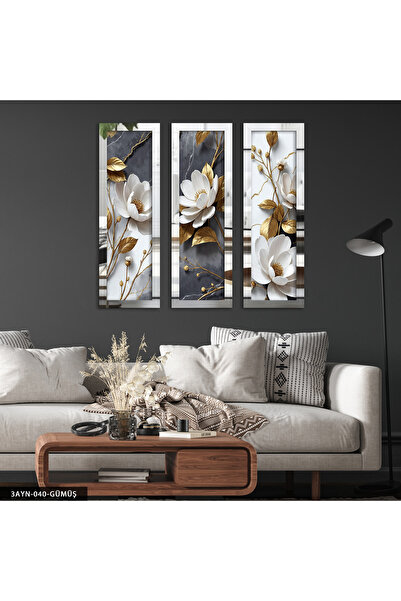 Evinemoda Dokulu Görünüm Beyaz Çiçek Gümüş Pleksi Aynalı 3 Parça Tablo