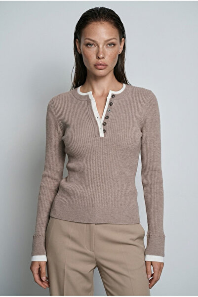 Madmext Mink Button Collar Long Sleeve Corded Fabric Slim Fit Women's Body Mg...