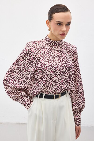 Sateen Patterned Bluz - Plum