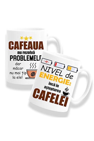 OEM Set de 2 căni ceramice amuzante, albe, 330 ml