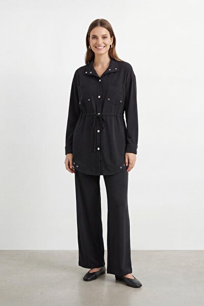 Puane Women's Mock Neck Snap Detailed Waist Tie-Detail Tunic Trousers Set – 1...