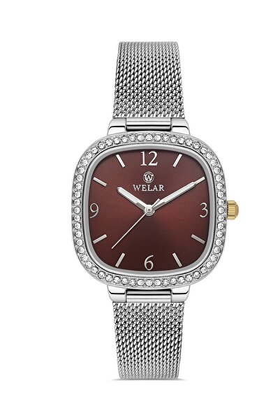 Welar Wel2512-6 Burgundy Steel Mesh Cord Square Stone Elegant Women Wrist Wat...
