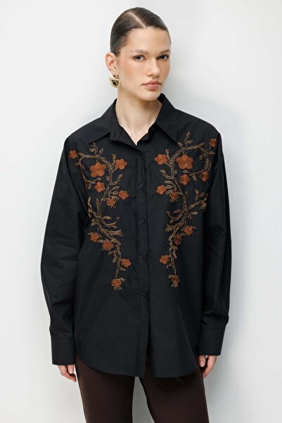 Ekol Floral Embroidered Oversized Cotton Shirt