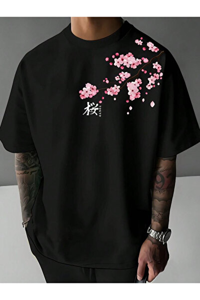 CLASSY.MODA Tokyo Themed Sakura Flower Printed Wide Cut Unisex T-Shirt in Cot...