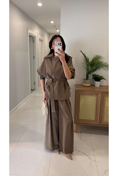BİRCANÇİL Gufre Khaki Tencel Belted Jacket and Pants Set