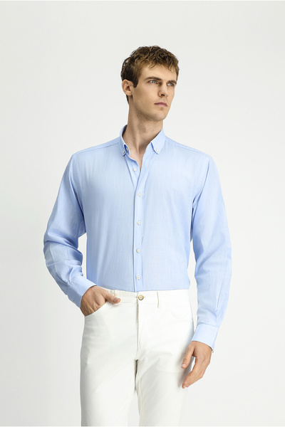 Kiğılı Long Sleeve Regular Fit Linen Look Cotton Sport Buttoned Collar Slub S...