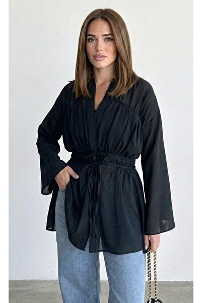 My Blog Cămașă neagră din voal cu talie elastică in