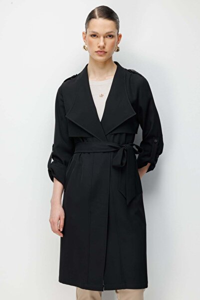 Ekol Shoulder Padded Belted Trench Coat