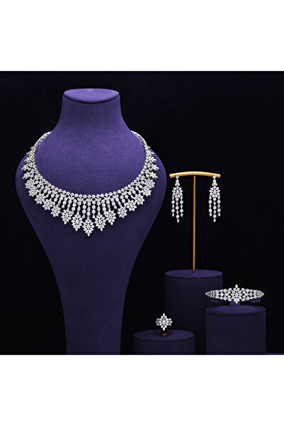 JEWELRY Women Elegant Shape Bridal CZ Necklace Earrings Bracelet Ring 4pcs We...