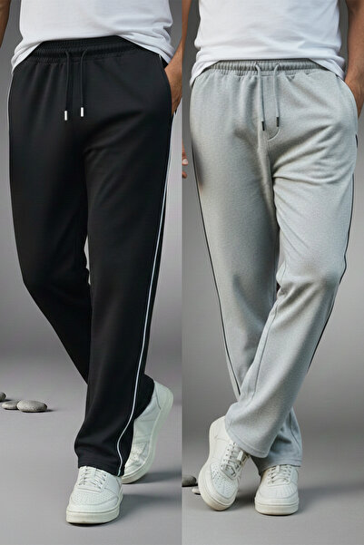 OXVİN 2-Piece Side Flat Piped Baggy Sweatpants Wide-Leg 2 Yarn Medium Thickne...