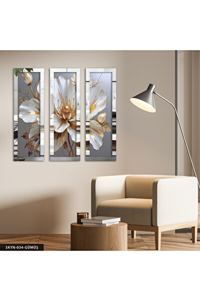 Evinemoda Gold Detaylı Beyaz Çiçek Gümüş Pleksi Aynalı 3 Parça Tablo