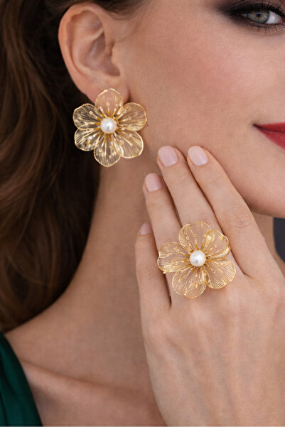 SE Jewellery Collection Selin Ersoy İnci Detaylı Gold Çiçek Küpe ve Yüzük Seti