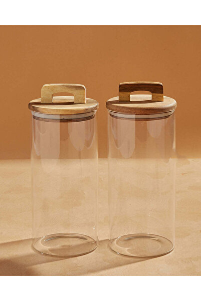 REDTAG طقم برطمانات تخزين خشبية زجاجية مكون من قطعتين