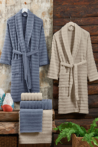 Elart Soft Bathrobe Family Set 6 Pieces (70X135 cm) Blue Beige