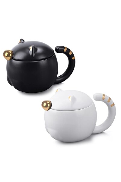 Arabest 2 Pack Cute Cat Mugs Cat Coffee Mug Set with lid and Spoon Coffee Mug...