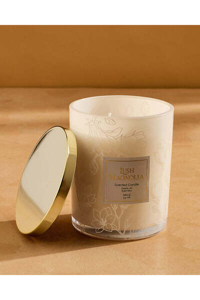 REDTAG شمعة زجاجية طويلة مطبوع زهرة الماغنوليا مع غطاء، وزنها 454 غرامًا