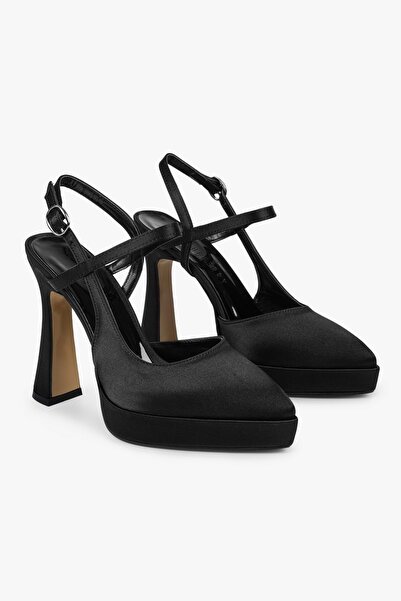 Shoeberry Women's Livia Black Satin Platform Heeled Shoes