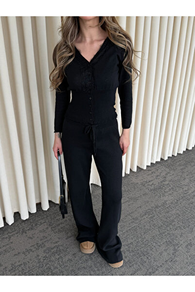 Laluvia Black Lace Piece Double Knitwear Set - 2602