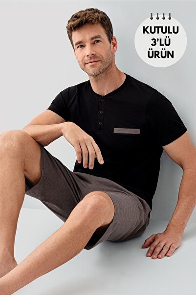 Arnetta 100% Cotton Piece Men's Short Sleeve 3-Piece Shorts Pajama Set