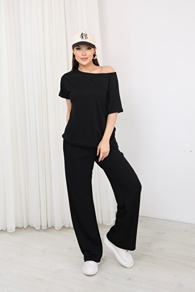 moda poni Women's Black Off Shoulder Oversized Blouse Wide-Leg Pants Two Piec...