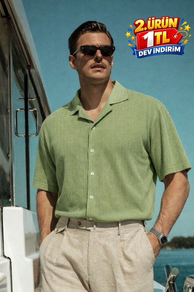 DAMGA JEANS Men's Casual Oversized Green Linen Stylish Shirt