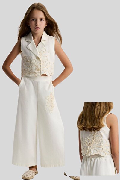 ww waka waka kids store طقم بنطلون واسع الساق مطرز باللون الإكرو للبنات Y سترة