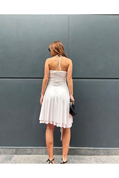 mirabella Women's Halter Neck Draped Asymmetrical Midi Dress Sandy Fabric Sum...