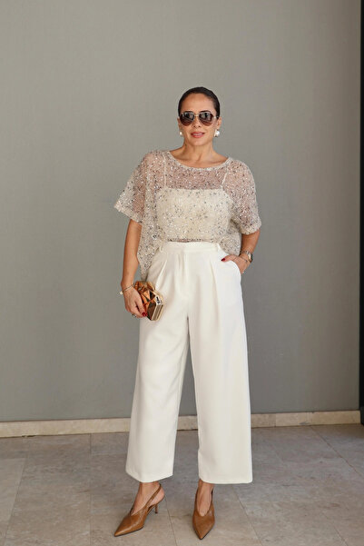 Purple by Banu Beyaz Tek Pile Kumaş Pantolon (Dar Kalıptır)