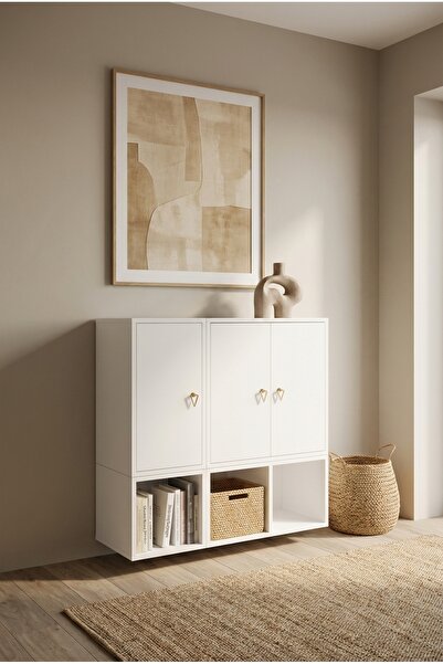FOR WOMAN DESİGN Ahşap Beyaz Çok Amaçlı Dolap Gold Kulplu 3 Kapaklı Modern Ak...