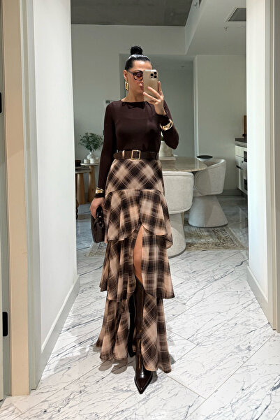 Seda Yalçın Atelier Kahve Ekoseli Fırfırlı Kat Kat Kemerli ETek