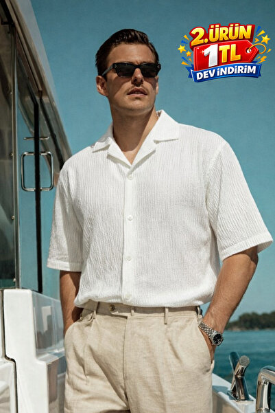 DAMGA JEANS Men's Casual Oversized White Linen Stylish Shirt