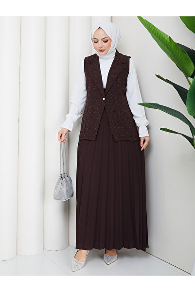 EFSUN MODA Stone-Embellished Silvery Ye Vest Set Suit with Skirt and Tasettur...