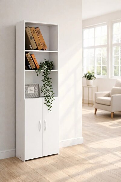 Modalife Marmaris 5 Raflı Kapaklı Kitaplık - Beyaz