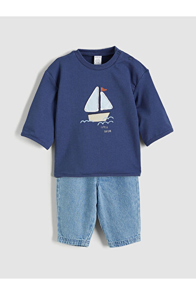 LC Waikiki Lcw Baby Navy Blue Printed Baby Boy Sweatshirt and Pants Set