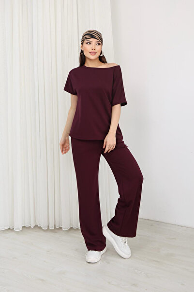 moda poni Women's Burgundy Off Shoulder Oversized Blouse Wide-Leg Pants Doubl...