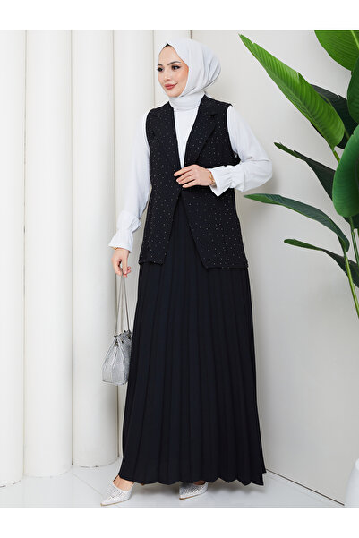 EFSUN MODA Stone-Embellished Silvery Ye Vest Set Suit with Skirt and Tasettur...