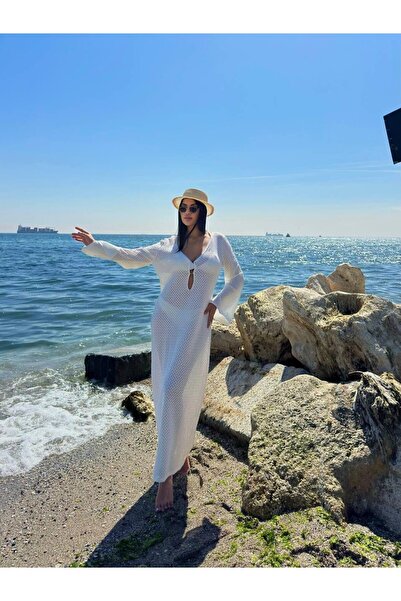 Maxi modena فستان شاطئ شبكي بتفاصيل ياقة عميقة ومقاس قياسي