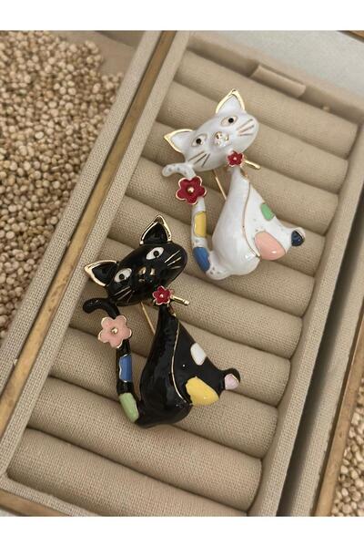 BYYEŞO Sevimli Kedi Figürlü Renkli Broş Beyaz