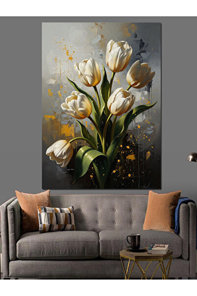 KanvasSepeti Lalea albă în vază Pictură în ulei de înaltă calitate texturat C...