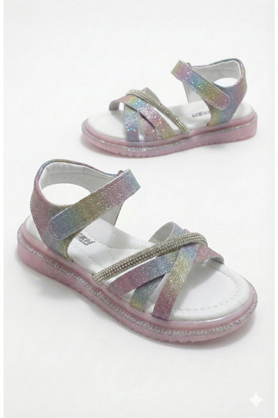 ORELİON Girl's Cross-Strapped Stoned Sandals – Velcro Orthopedic Non-Slip Sol...