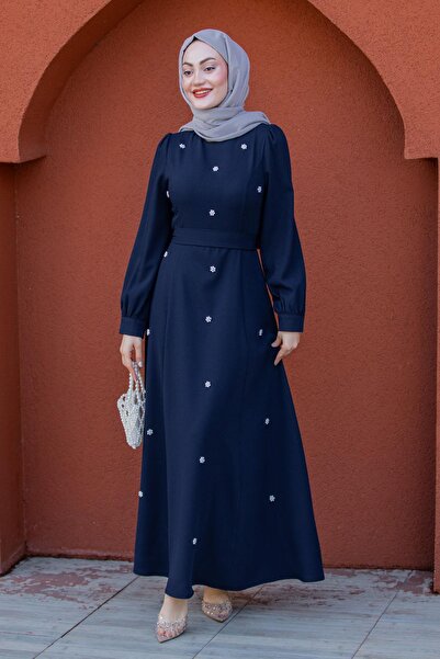 Tesettür Çarşım İnci Motifli Kulplu Krep Elbise-Laci