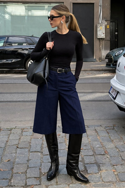 Madmext Navy Blue High Waist Flared Women's Bermuda Shorts Mg2590